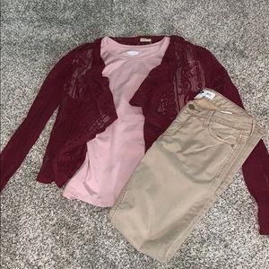 Shirt, cardigan and jeans (lowest price)